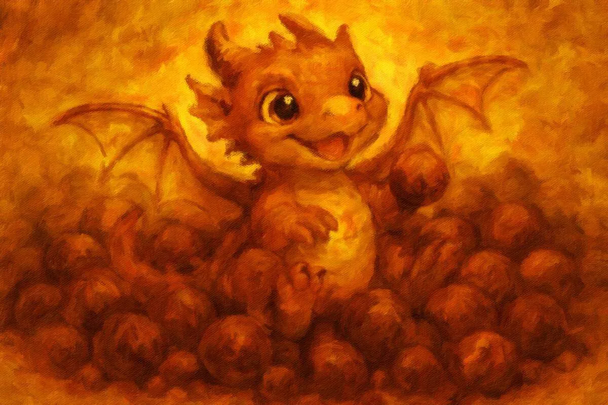 Etchling the tiny dragon surrounded by chocolate truffles