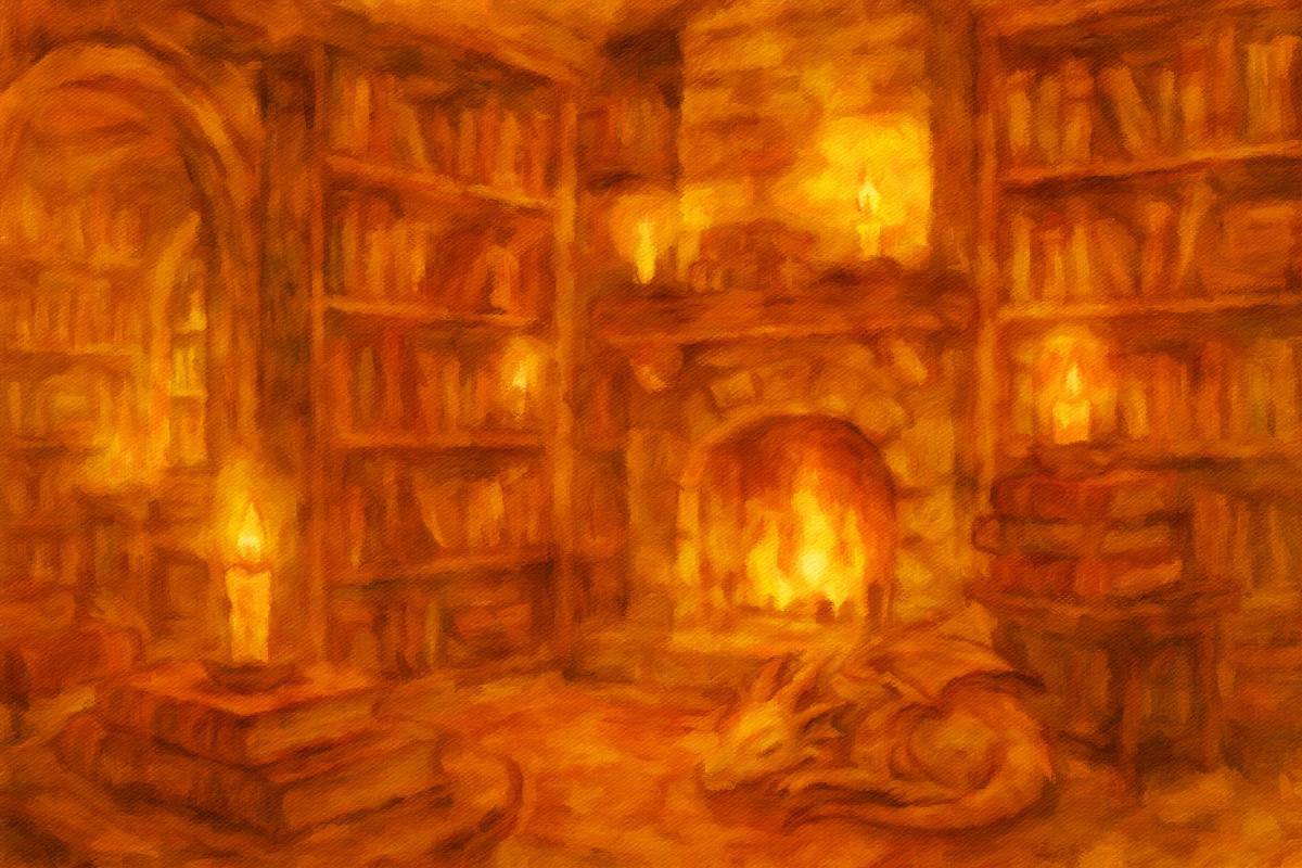 Cozy fantasy bookshop interior with candles and a sleeping dragon