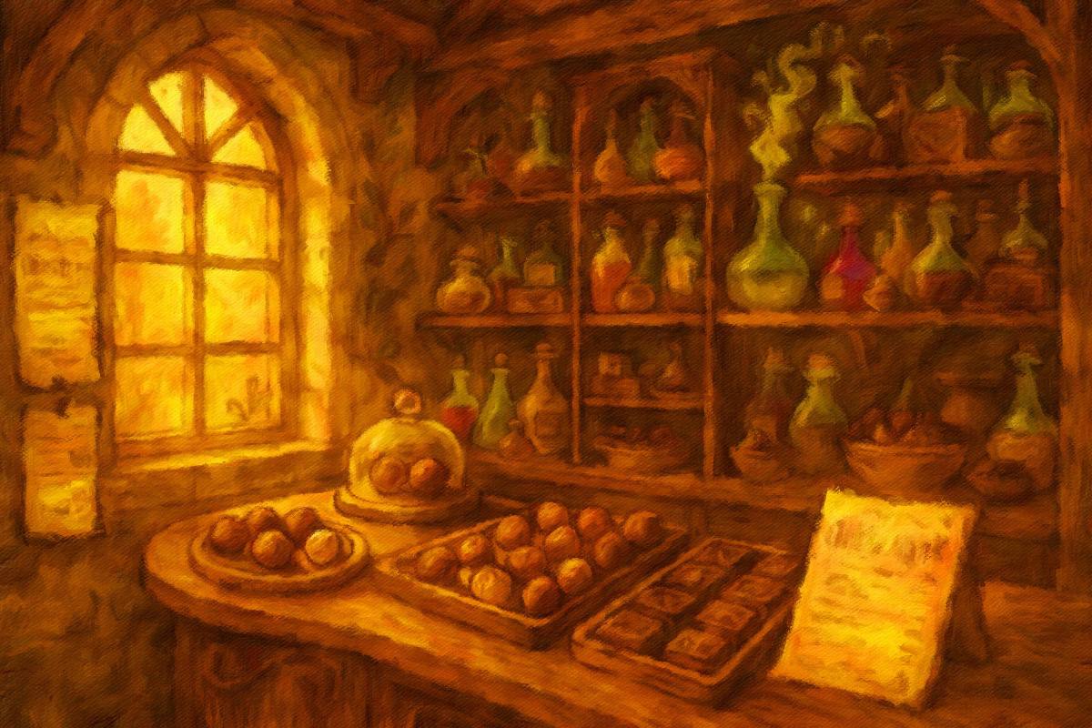 Magical chocolate shop with potions and warm golden light