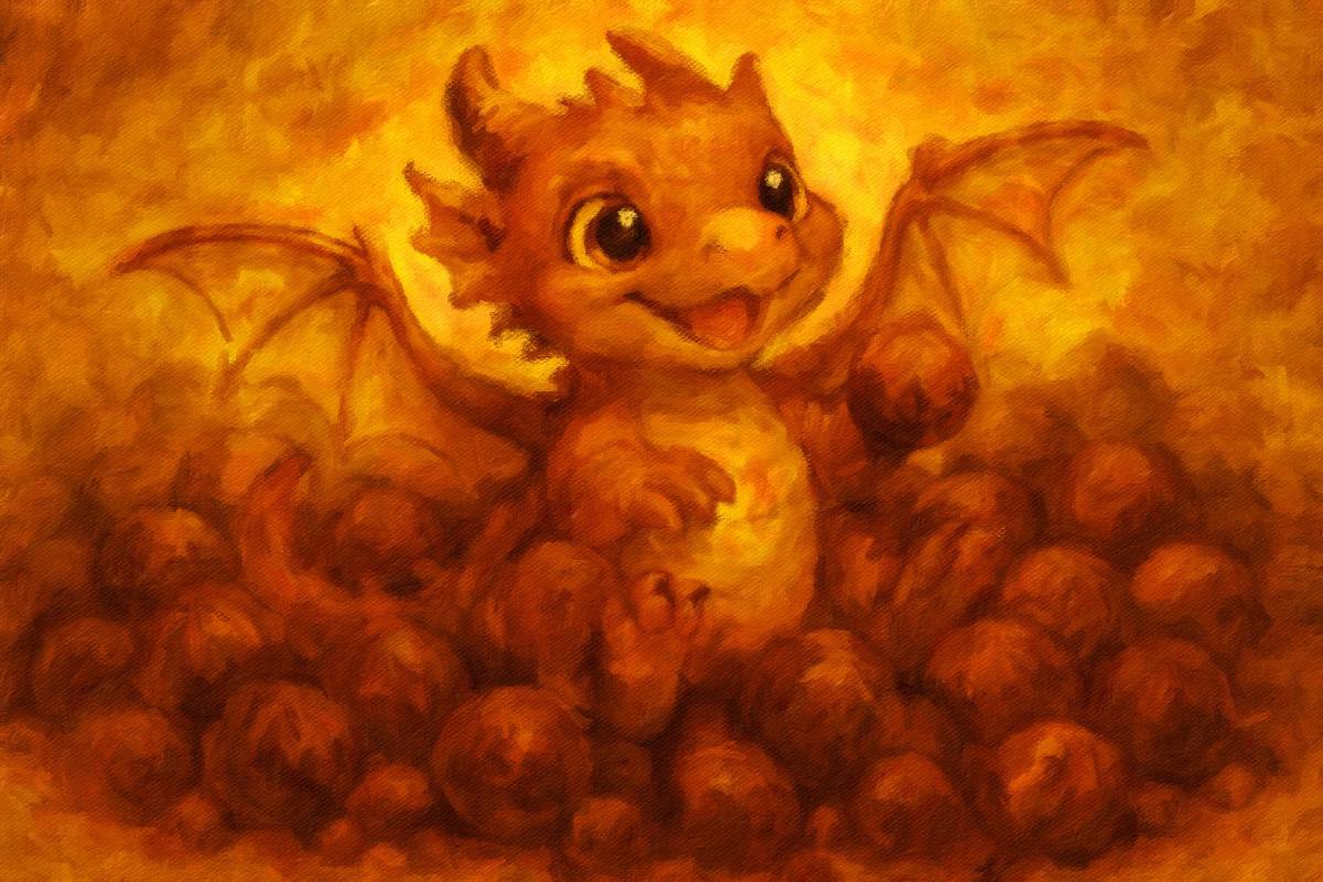 Adorable baby dragon playing with chocolate truffles