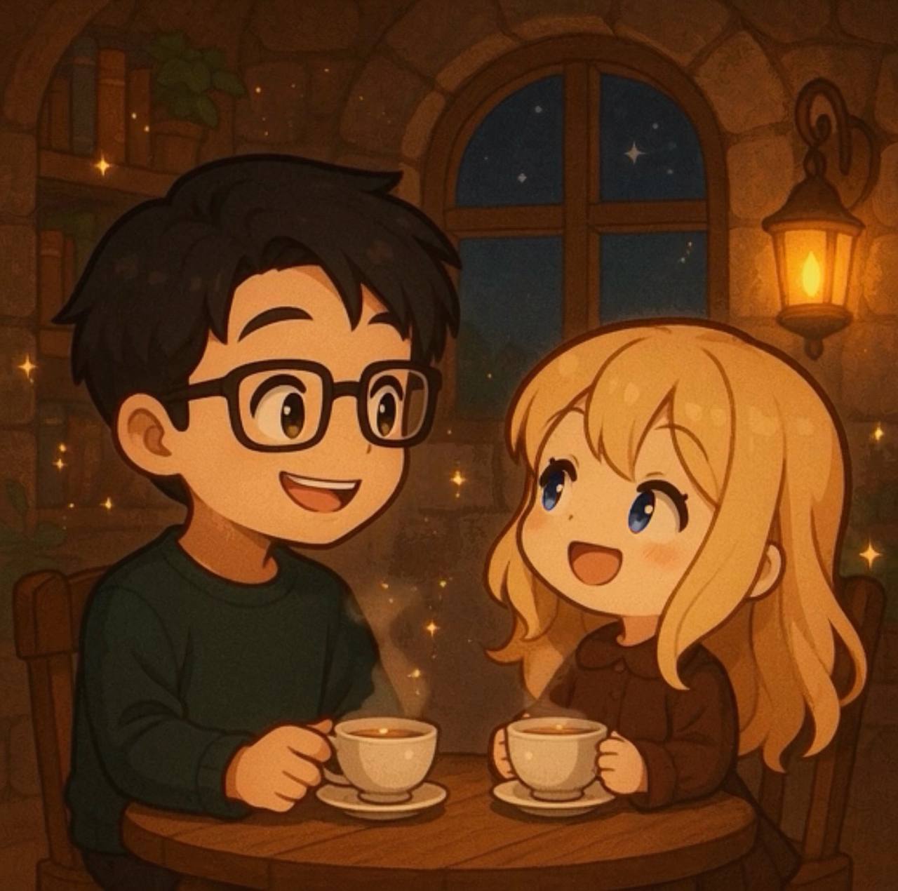 Two authors drinking cocoa together in a cozy, candle-lit fantasy workspace