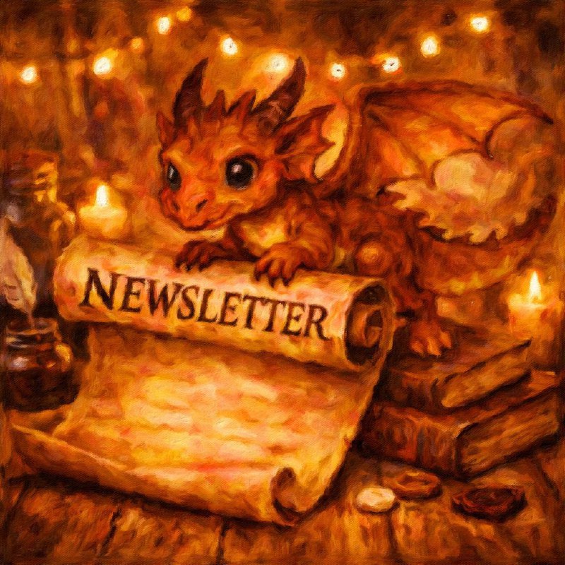 Adorable dragon reading a letter, surrounded by cozy candles and books