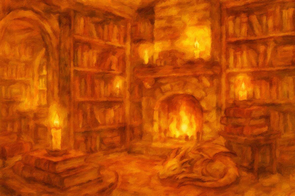 Cozy fantasy bookshop interior with candles and a sleeping dragon