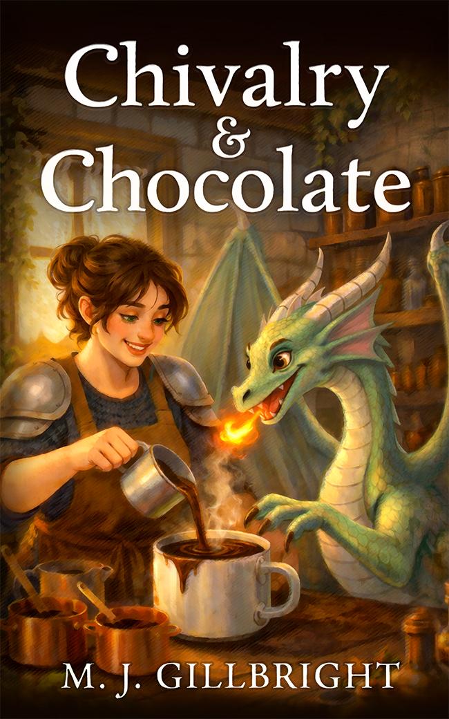 Chivalry and Chocolate book cover — a knight pouring chocolate beside a friendly dragon