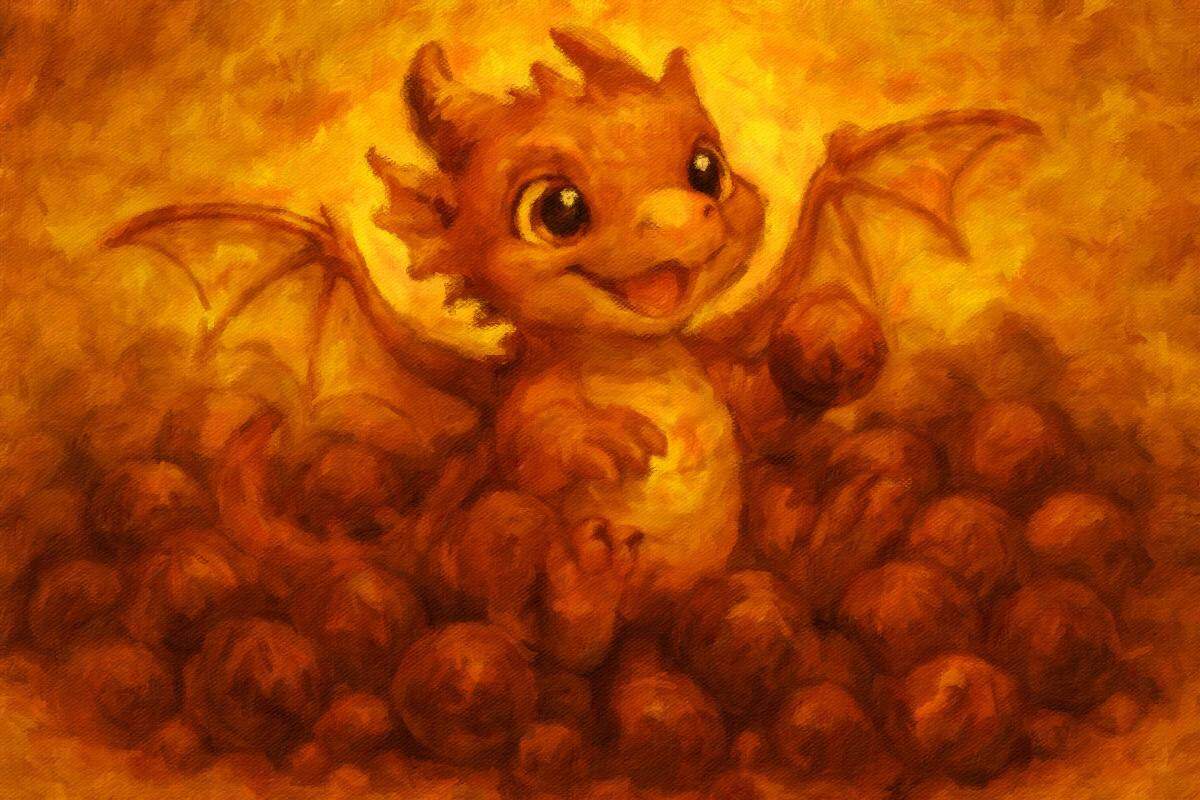 Adorable baby dragon playing with chocolate truffles